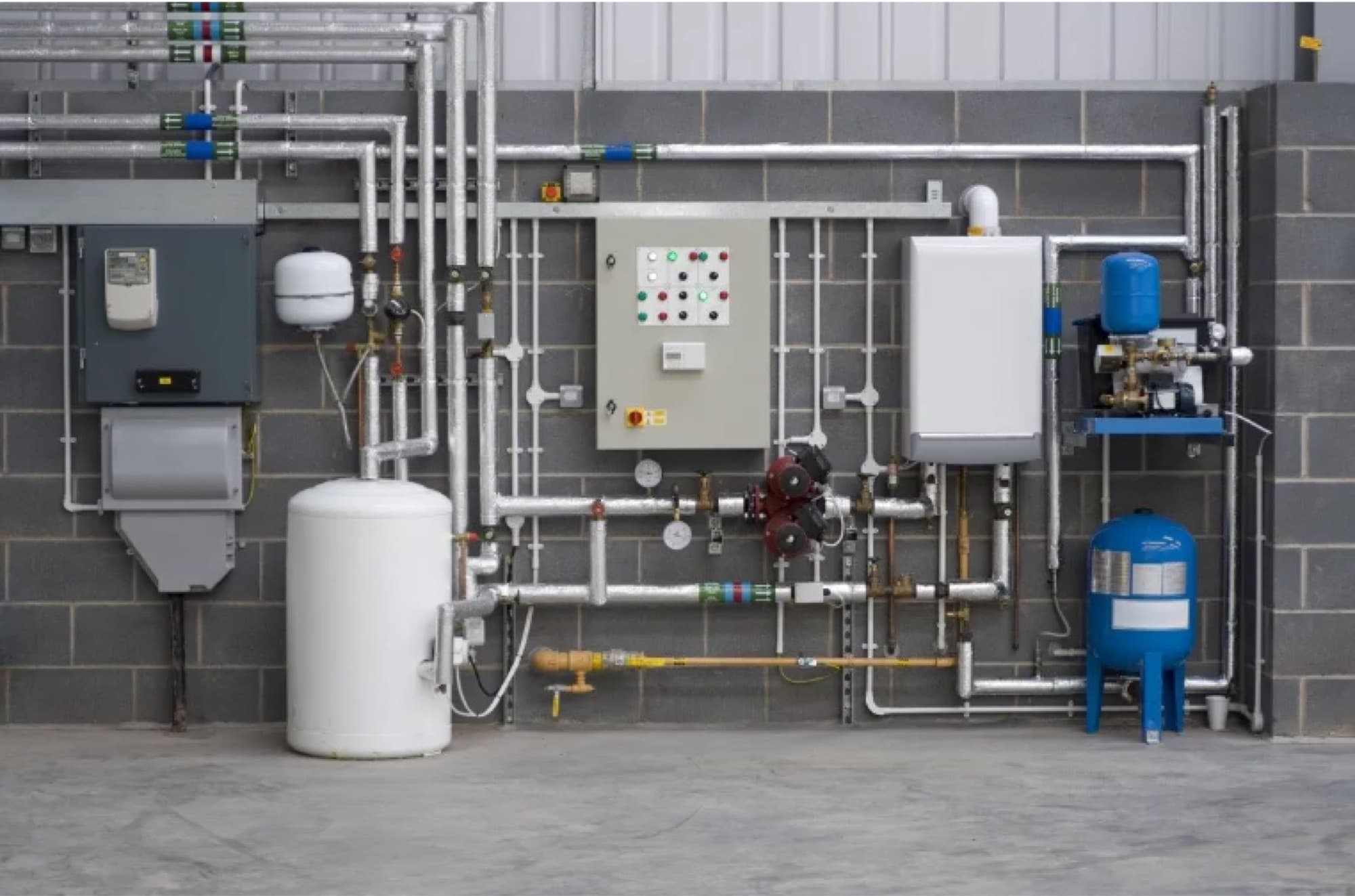 Commercial plant room — boiler, pressure vessels and distribution pipework